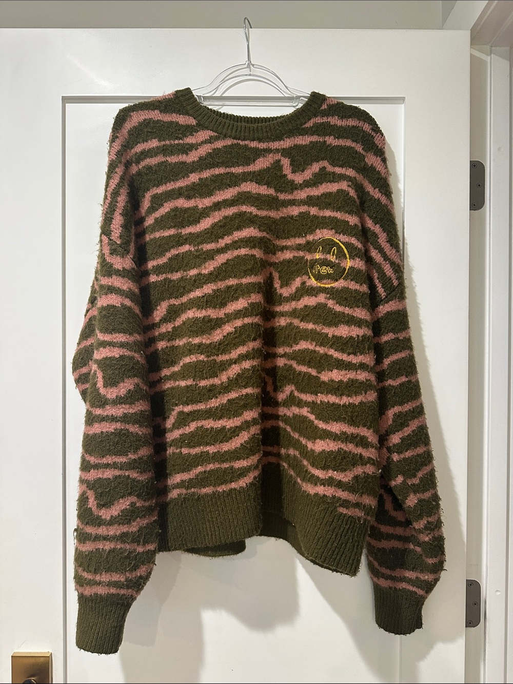 Olive Green and Pink Zebra Knit Sweater - Cozy Women’s Pullover